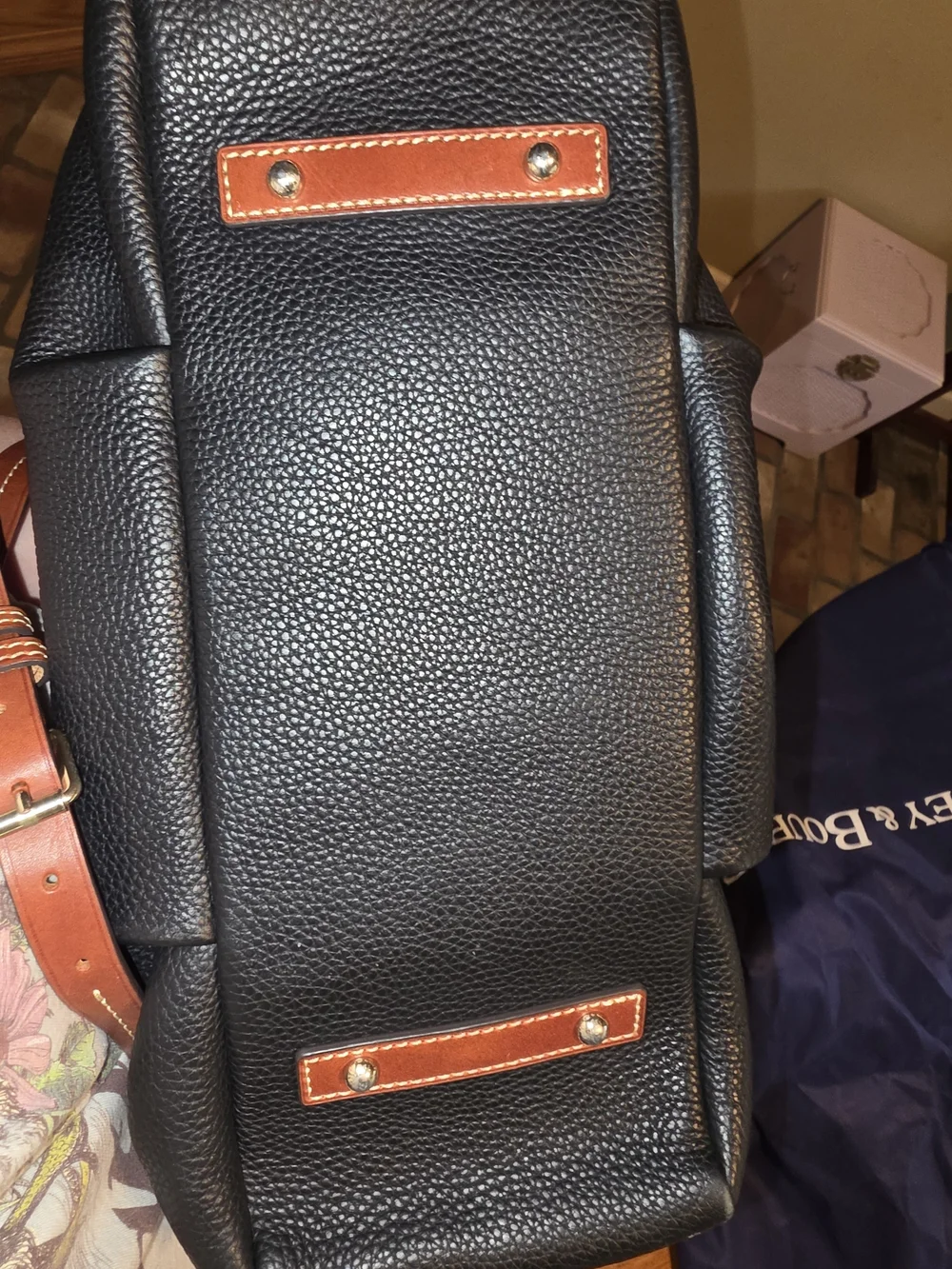 Dooney & Bourke Black Pebbled Leather Stanwhich Satchel with Brown Trim